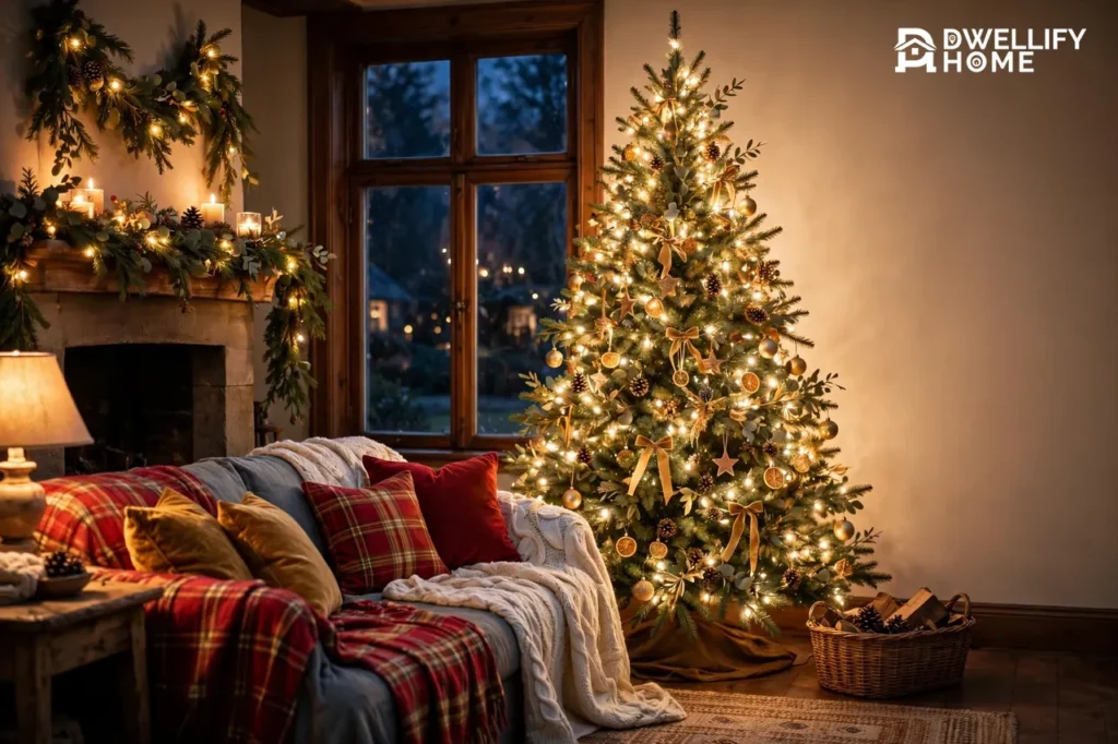 Cozy living room at Christmas with a glowing tree, red plaid sofa pillows, garland mantel and warm layered light