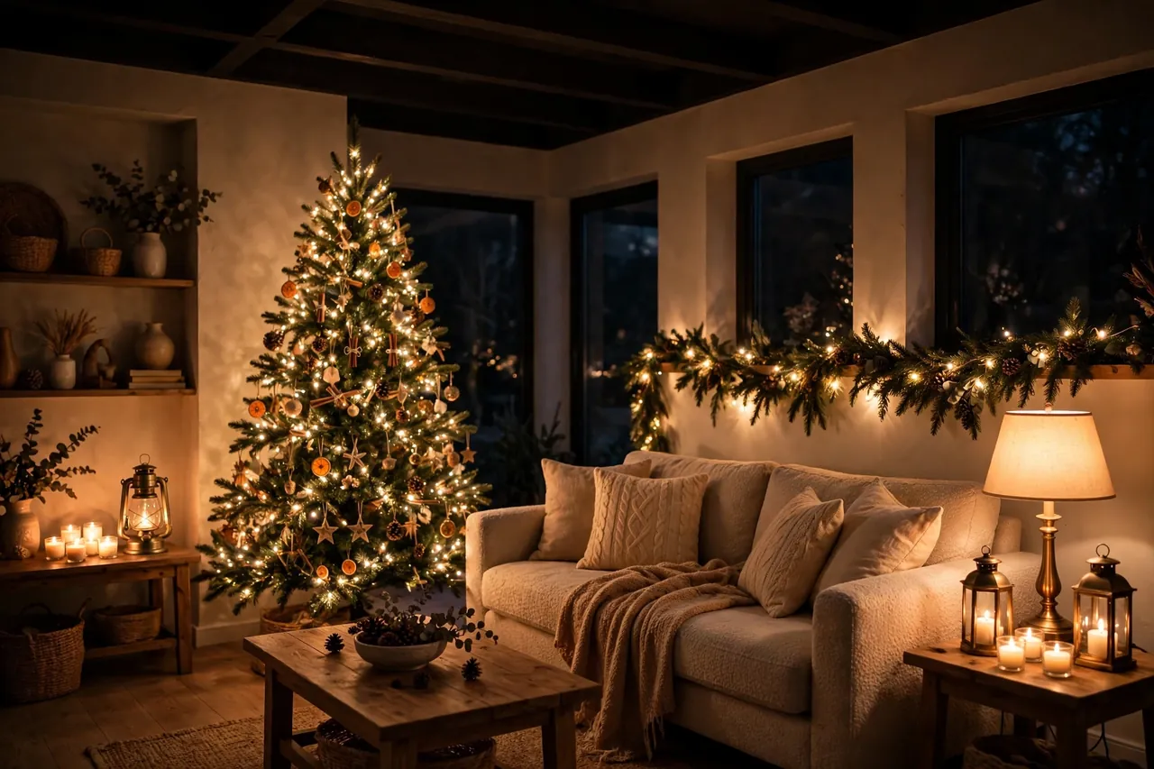Living room in the evening glowing with layered warm light from tree lights, garland lights, candles, lanterns and a table lamp