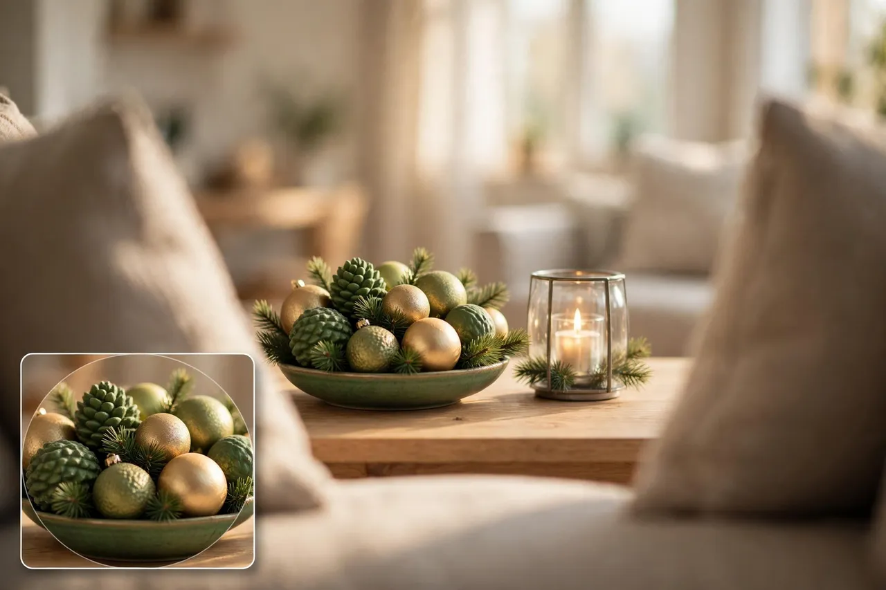 Low bowl of green and gold ornaments with pine sprigs and a small glass lantern candle on a coffee table seen from sofa level