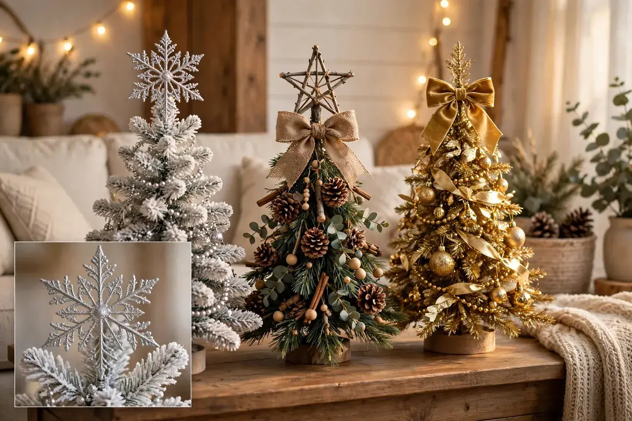 Three small trees side by side with a silver snowflake topper on a frosted tree, a twig star and burlap bow on a rustic tree, and a gold bow on a gold tree