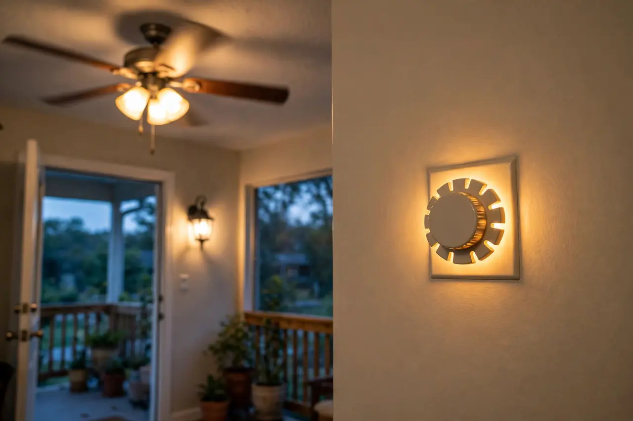Porch light and ceiling fan running on a daily mechanical timer schedule