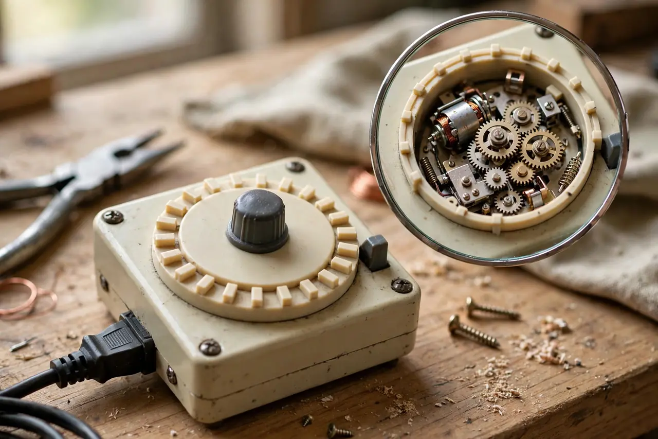 Mechanical timer switch dial with a magnified inset of its clock motor and gear train