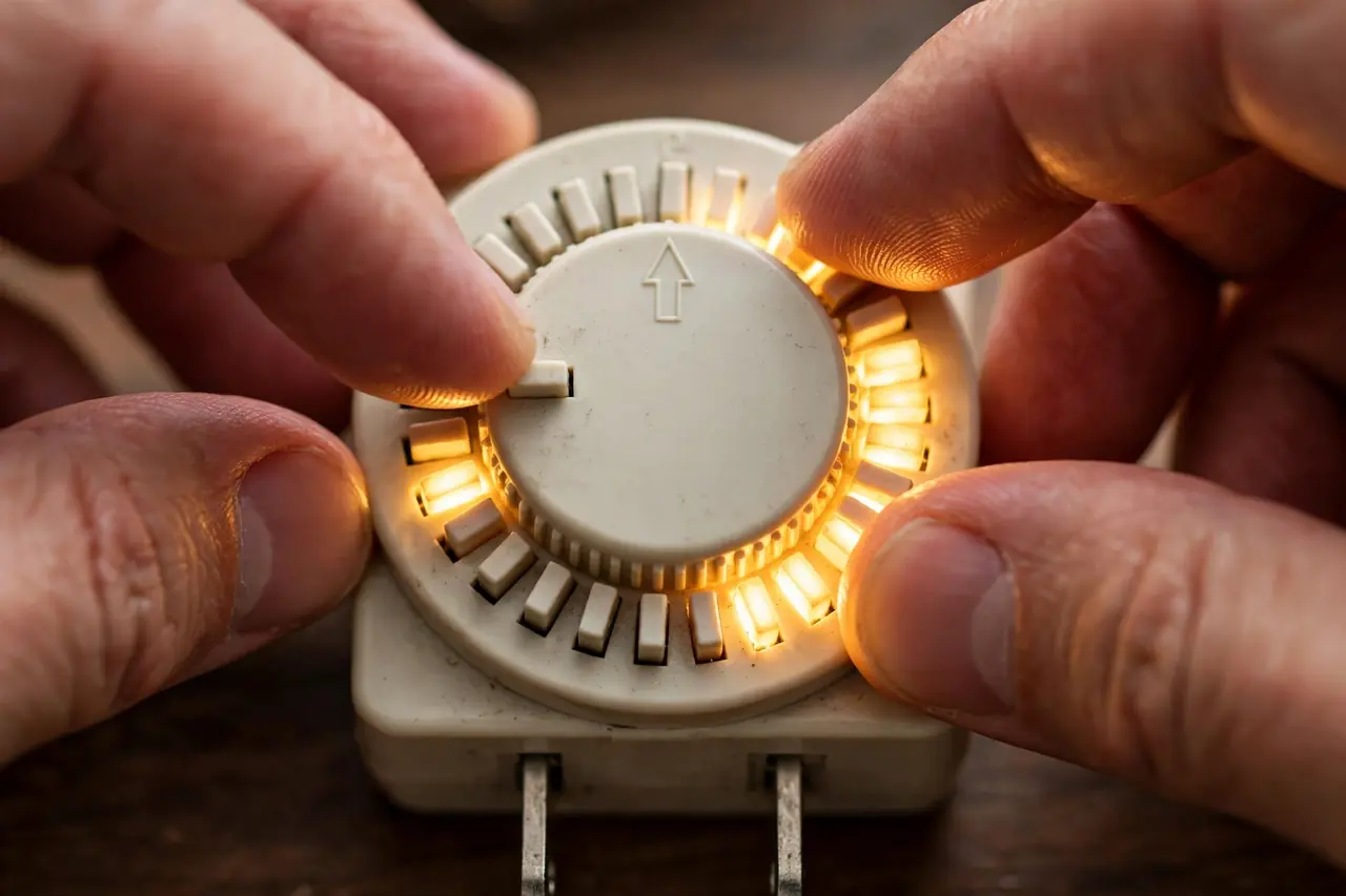 Hands pushing down the pins on a mechanical timer dial and turning it to the time marker