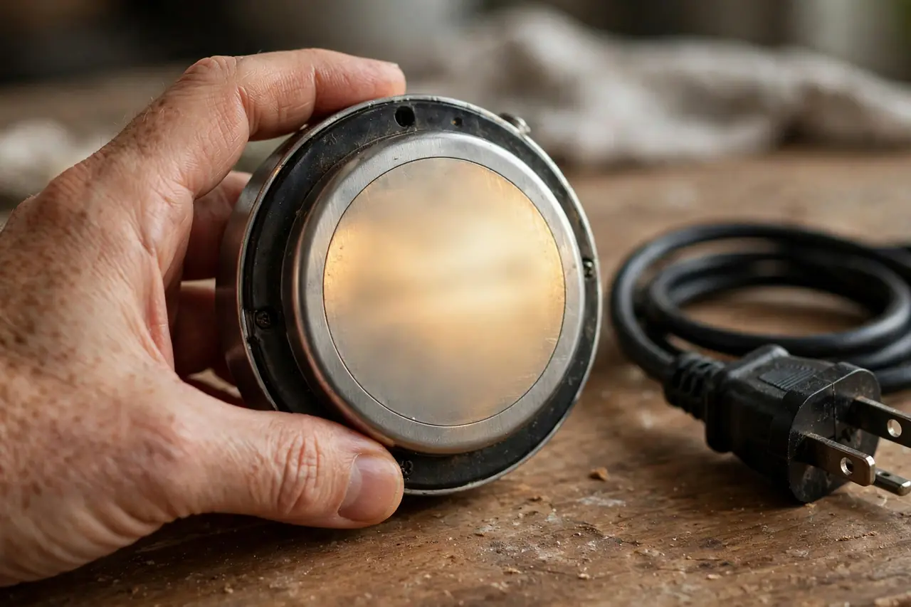 Hand holding a mechanical timer to check its rating before plugging in a load
