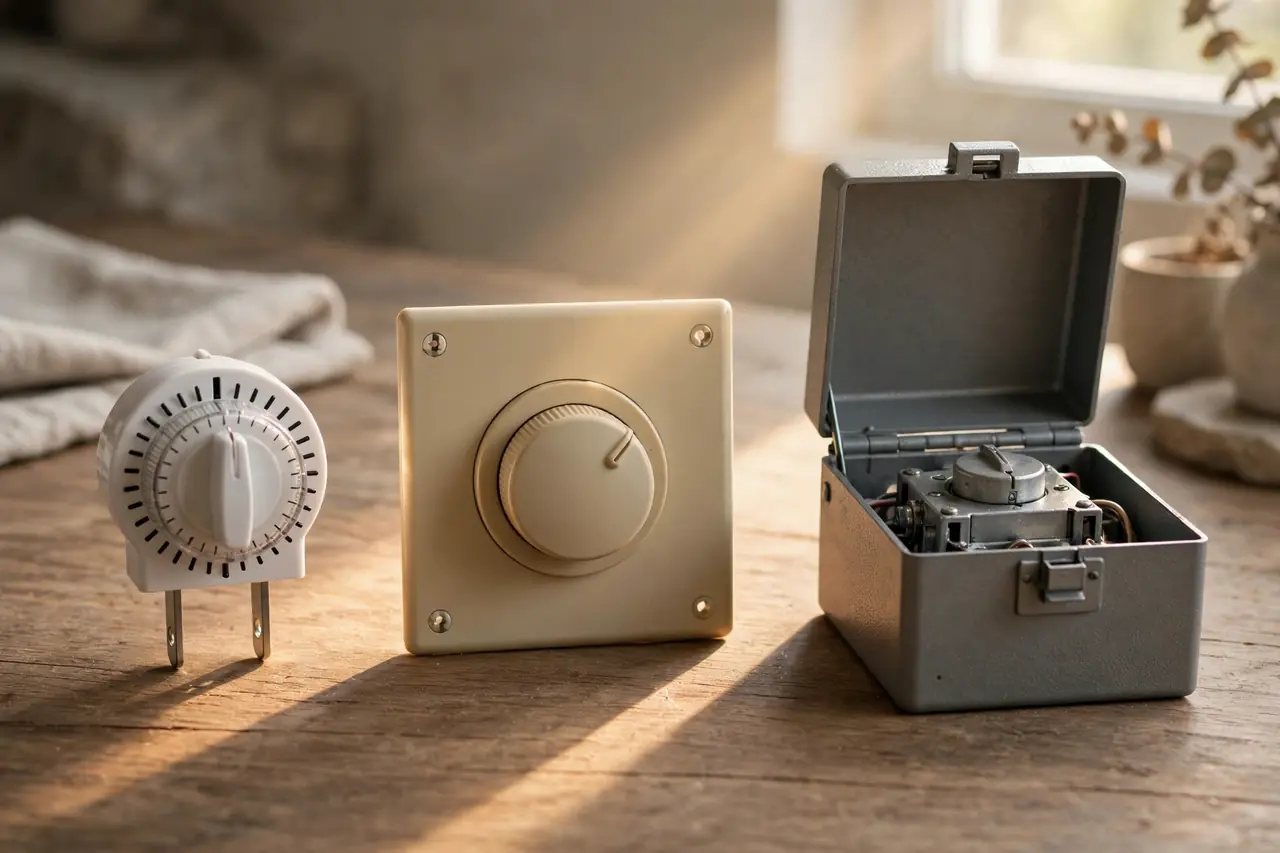 The three forms of a mechanical timer switch — plug-in pin timer, in-wall timer and heavy-duty box