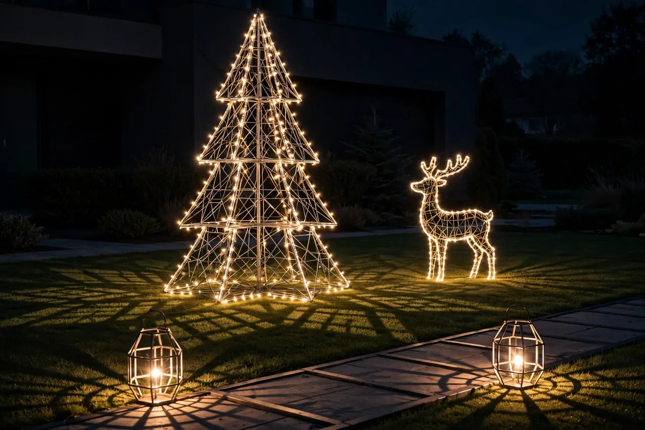 A large wire-frame steel Christmas tree wrapped in warm white lights, a lit wire-frame reindeer, and two glowing metal lanterns by the front walk at night
