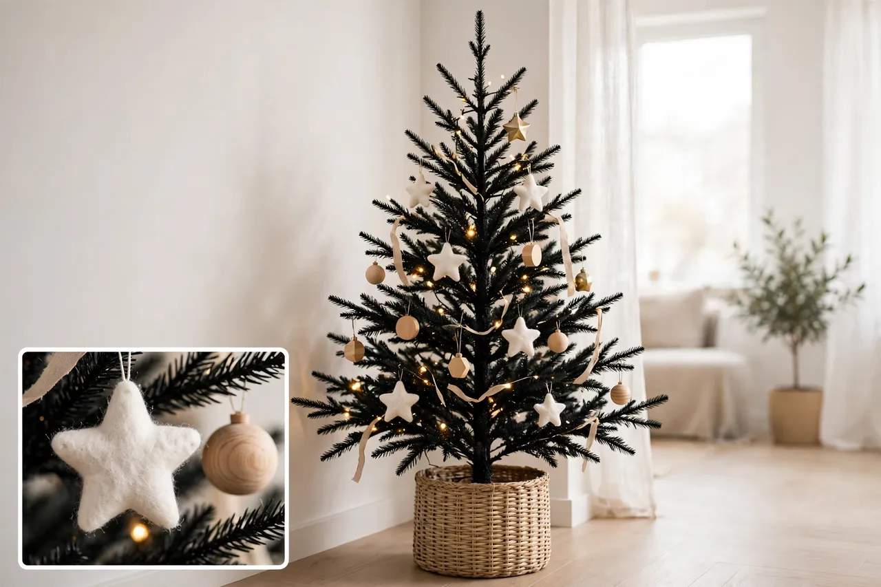Slim black Christmas tree with widely spaced white felt stars, wooden ornaments, one gold accent and a woven basket base