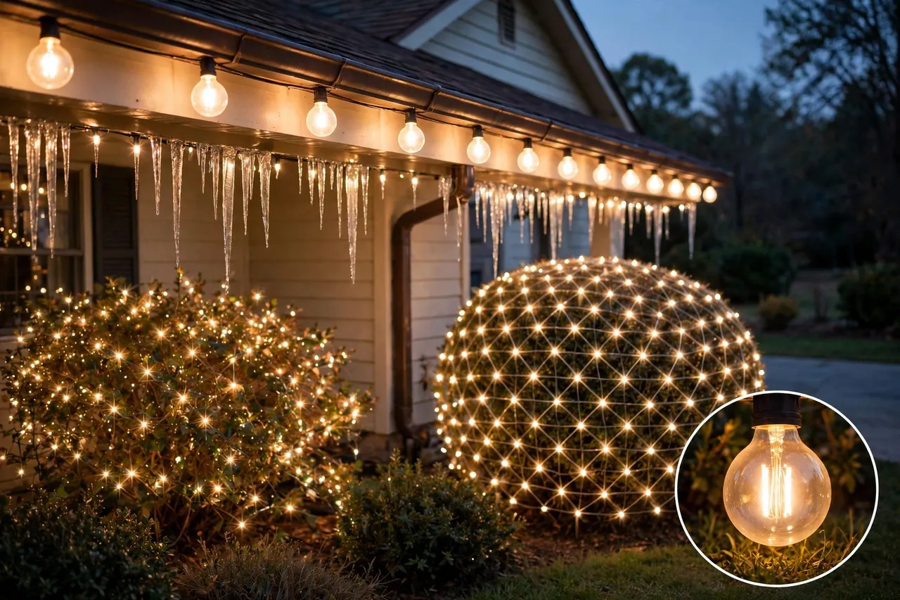 House exterior at dusk showing large warm bulbs along the eaves, icicle strands, mini lights on a bush and net lights over a shrub, with a magnified close-up of a warm bulb