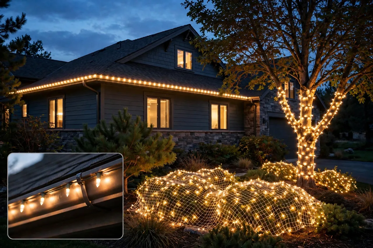 Warm-white LED lights along a roofline, a tree trunk wrapped in lights, and shrubs covered in glowing net lights, with a close-up inset of bulbs clipped along a gutter