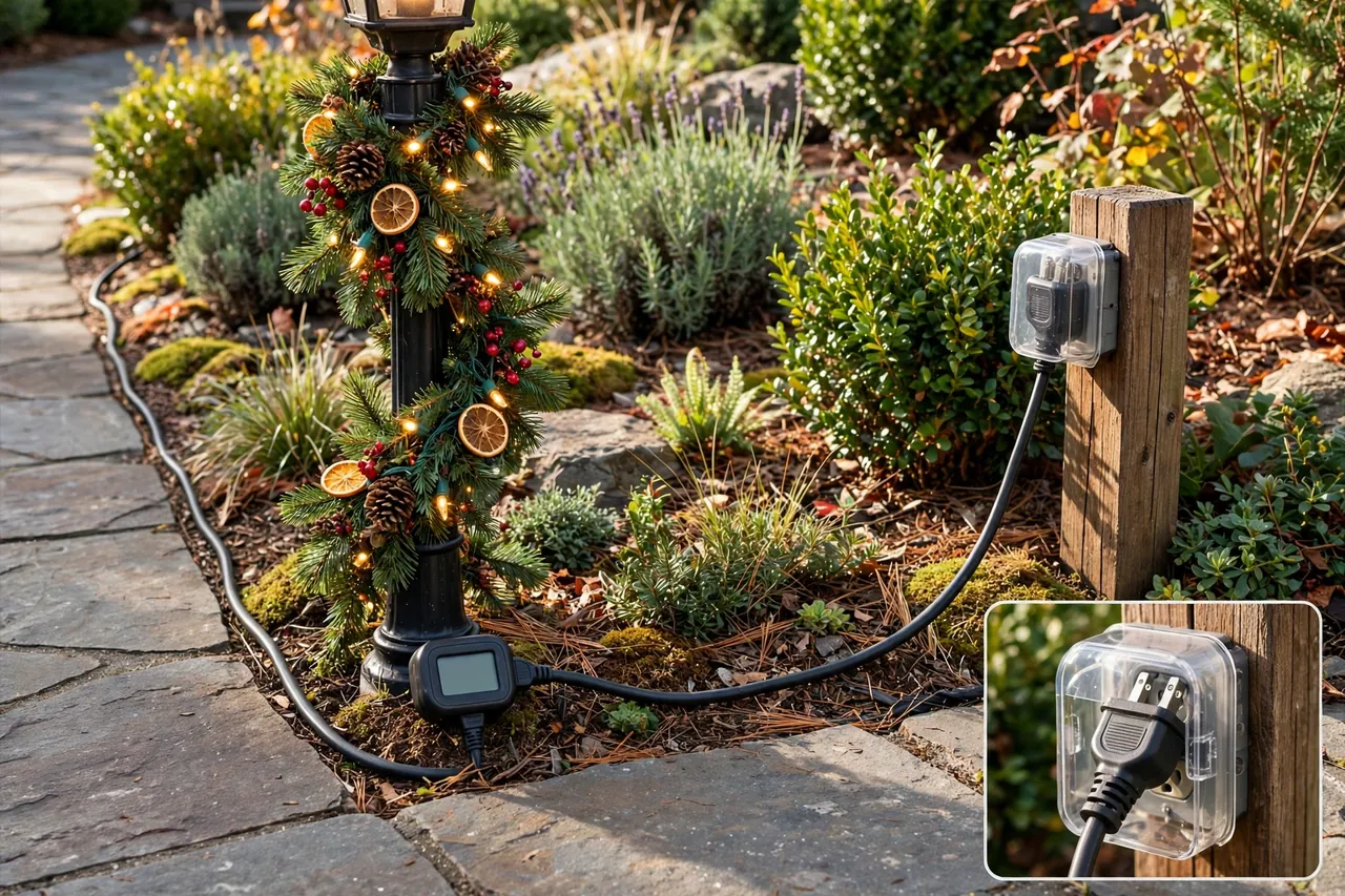 Outdoor extension cord routed along a garden bed edge, clear of the walkway, to a weatherproof in-use outlet cover, with a blank-screen timer plug at the lamp post base and a close-up inset of the covered plug connection