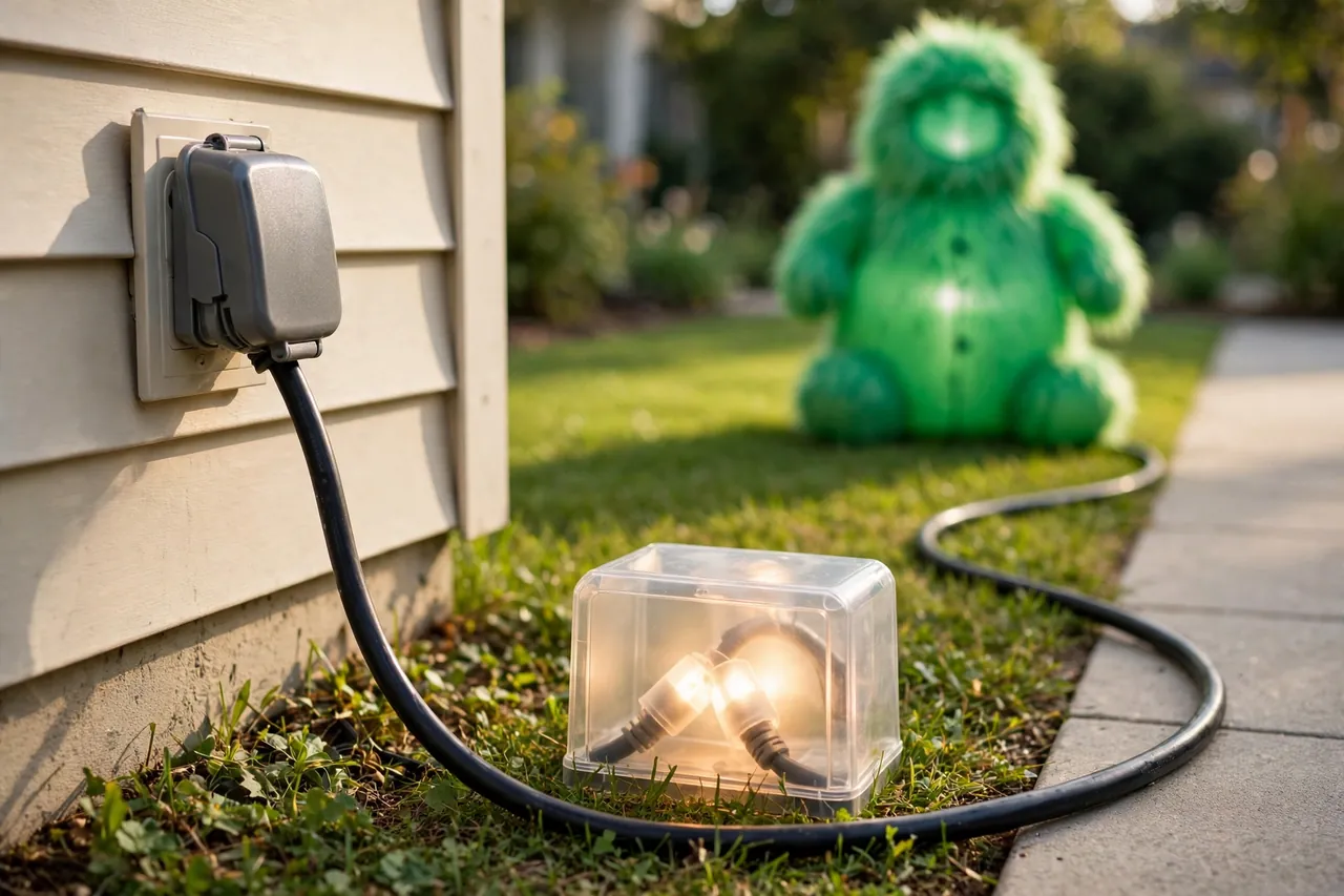 Outdoor outlet with a weatherproof cover and an extension cord running along the lawn edge into a clear weatherproof cord-cover box, with a glowing green inflatable figure on the lawn behind