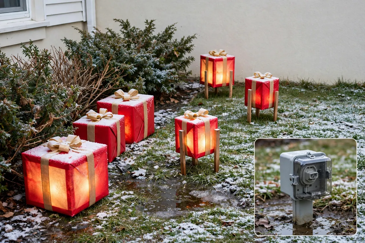 Snow-dusted glowing gift boxes staked in a yard near shrubs, with a close-up inset of a raised covered outdoor electrical connection