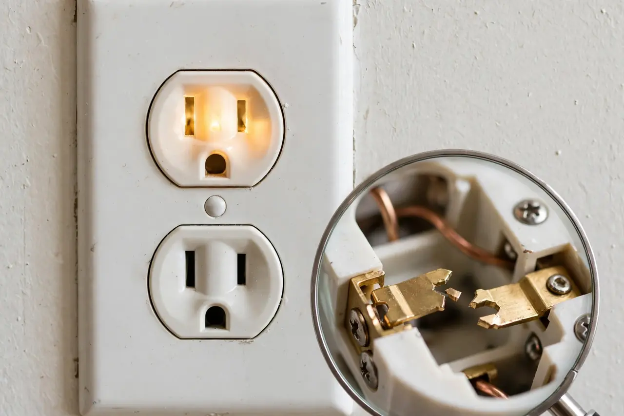 Duplex receptacle with a magnified inset of the broken brass tab that splits the two sockets