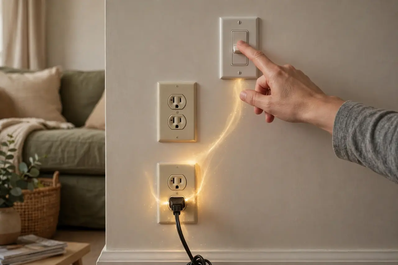Lamp plugged into the lower socket of an outlet while a hand flips the wall switch - the one-minute lamp test