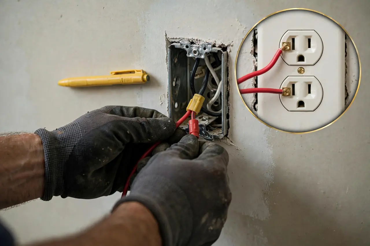Electrician capping a red wire inside an open outlet box to make a switched outlet always-hot