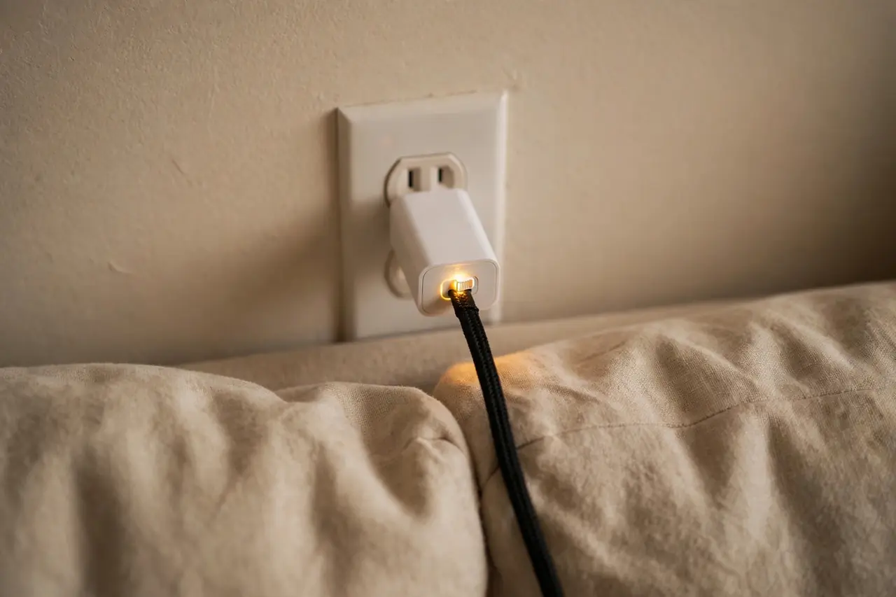 Plug-in outlet switch adapter in an outlet behind a sofa with a lamp cord plugged into it
