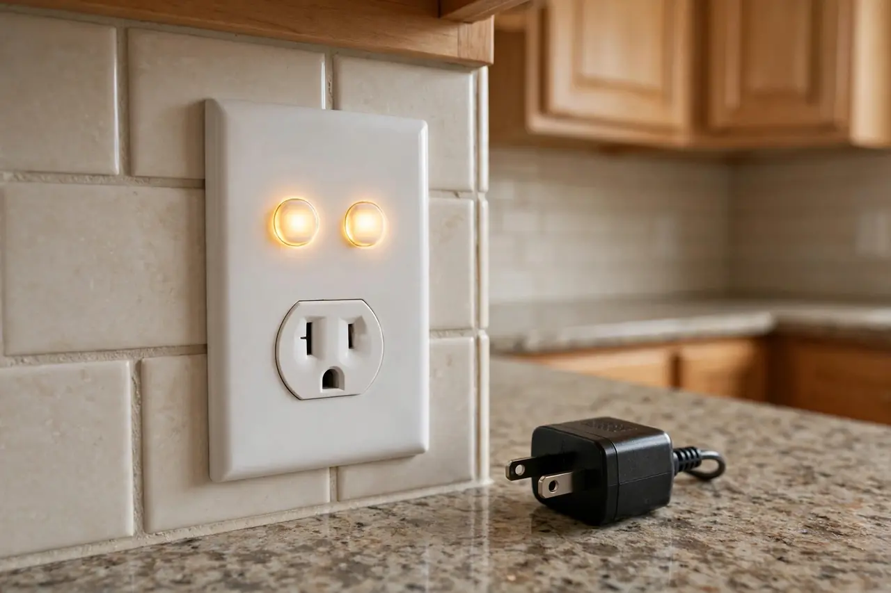 GFCI outlet in a kitchen with its test and reset buttons highlighted