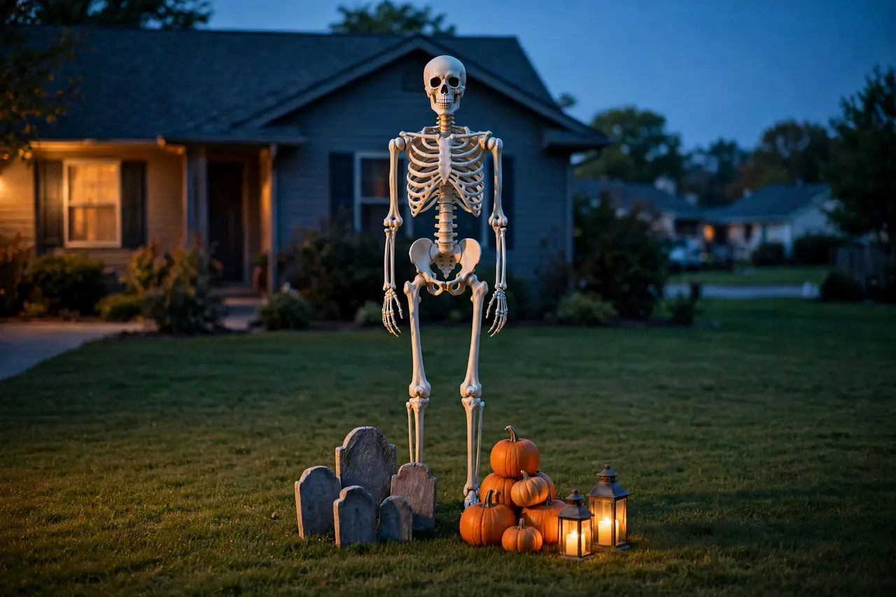 Tall skeleton decoration centered on a front lawn with supporting tombstones, pumpkins, and lanterns grouped at its base, open lawn around it