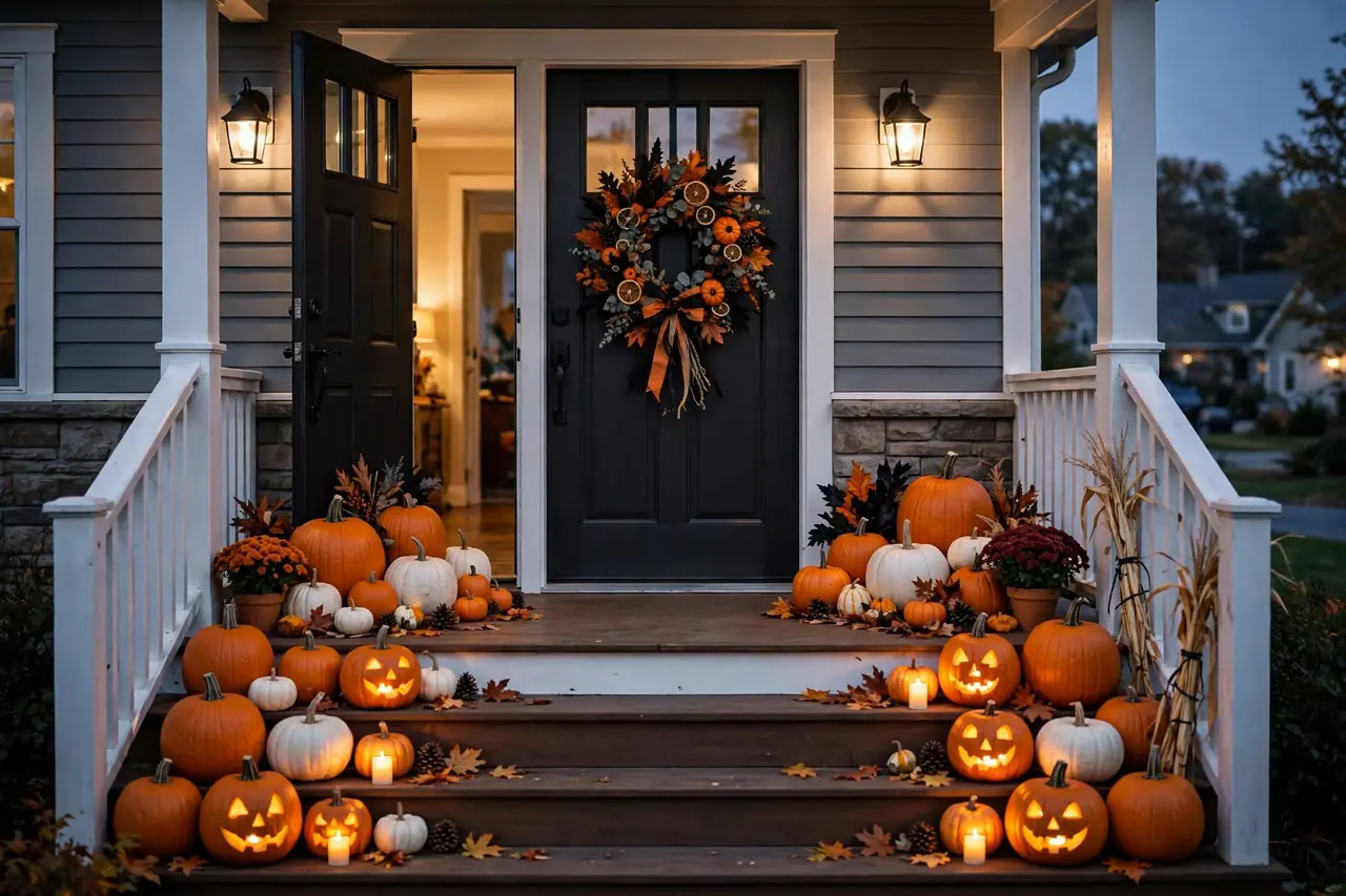Halloween-decorated front porch in layers: wreath on the door, pumpkin groups flanking the steps, carved pumpkins glowing from battery candles