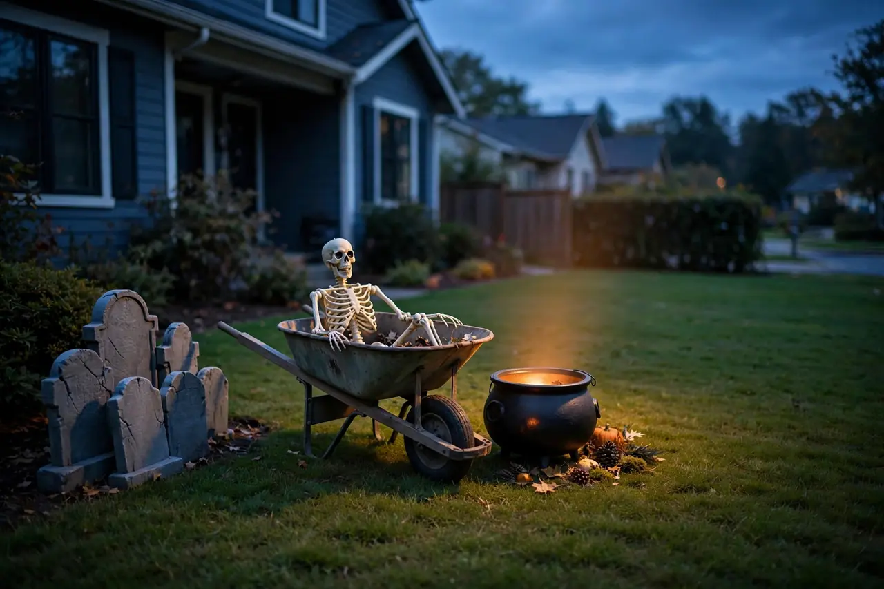 Skeleton sitting in a wheelbarrow beside a tombstone cluster and a glowing witch's cauldron on a lawn with open space