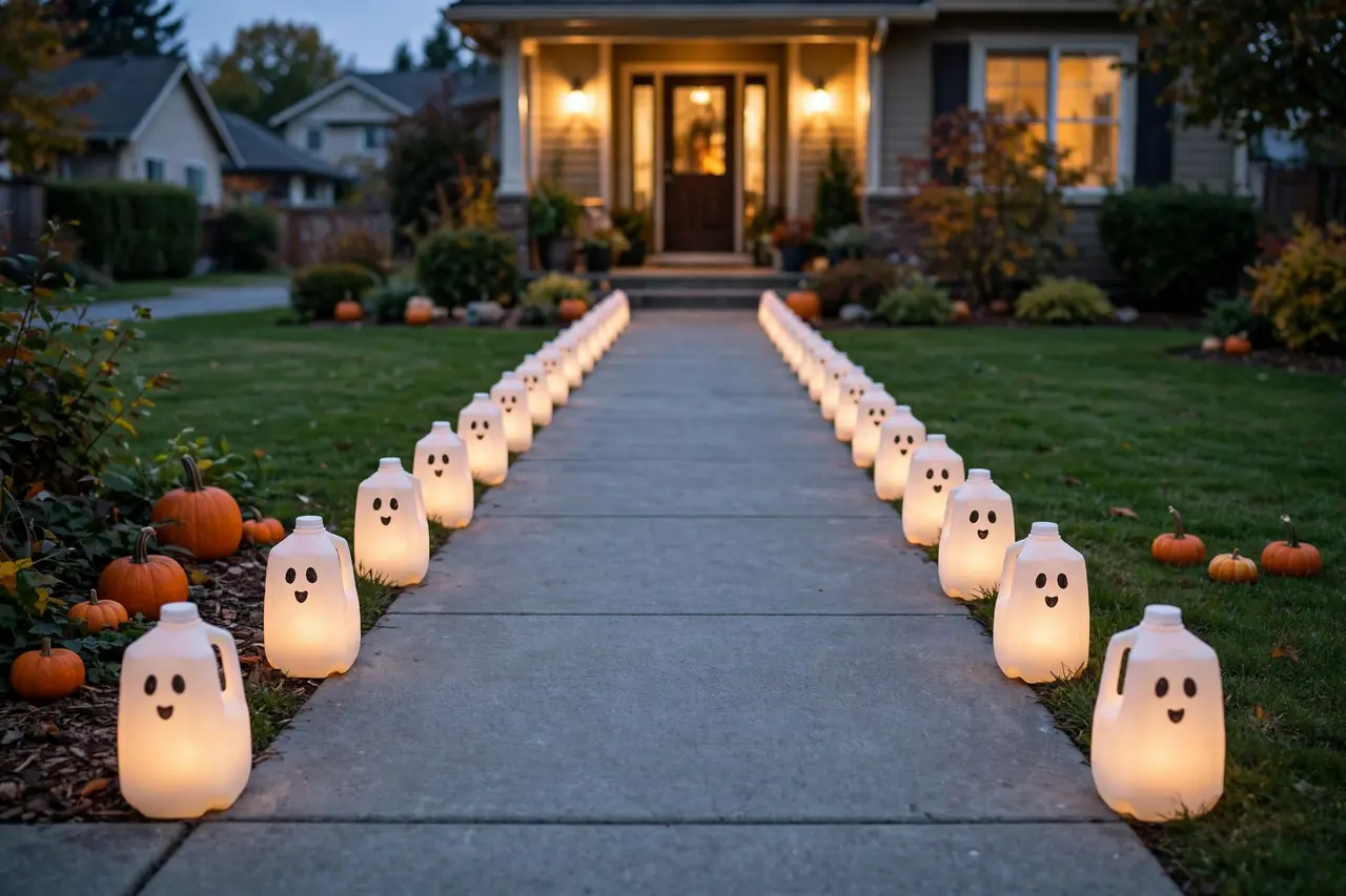 Walkway edges lined with glowing milk-jug ghost luminaries, path surface clear, pumpkins at the edges