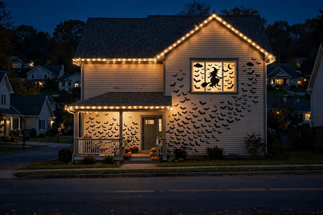 House facade at night with a witch-and-bats silhouette scene in a lit window, cut-out bats swarming across the wall, string lights on the eaves