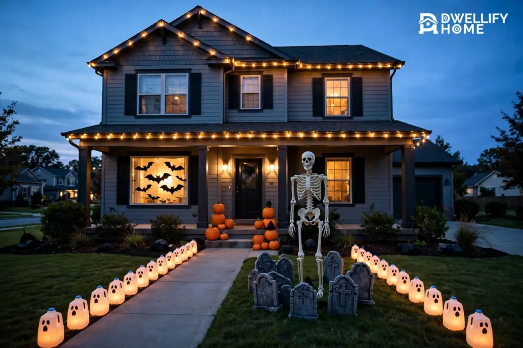 Suburban house at dusk fully decorated for Halloween with a tall skeleton focal point, tombstones, glowing milk-jug ghost luminaries lining the walkway, and string lights on the roofline