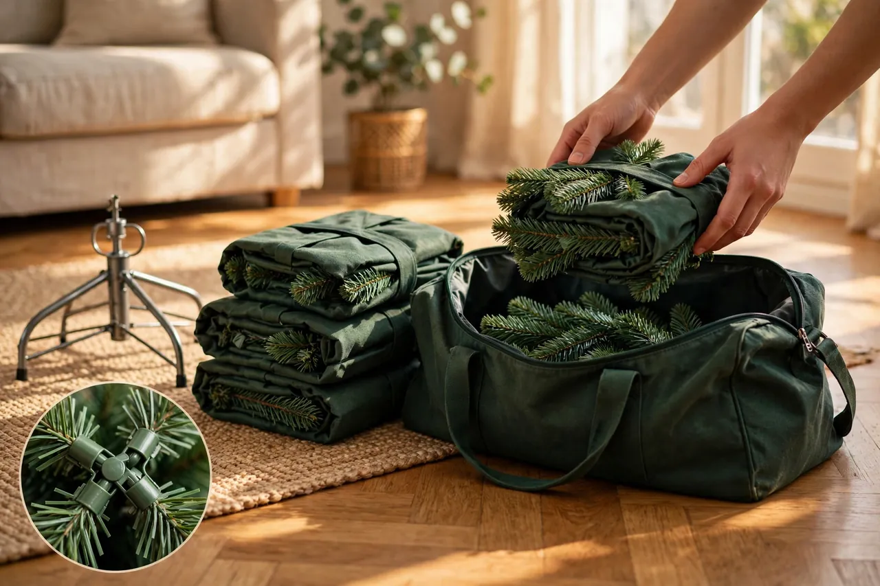 Hands placing a folded artificial tree section into an open green duffel storage bag beside stacked sections and a tree stand, with a close-up inset of a branch hinge folding