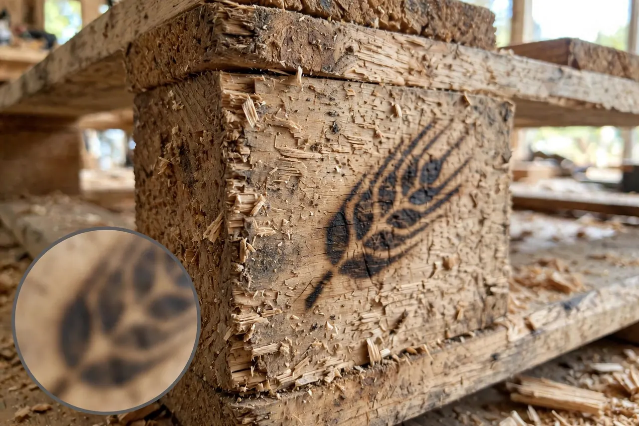 Close-up of a wooden pallet support block with a blurred heat-branded wheat-ear inspection mark and magnified inset