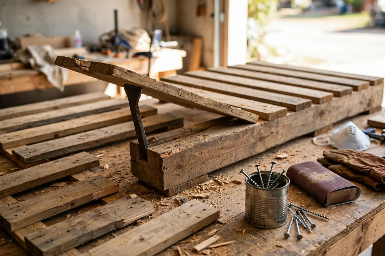 Pry bar gently lifting a pallet deck board beside the stringer, removed nails in a tin can, sanding block, gloves and dust mask on a workbench