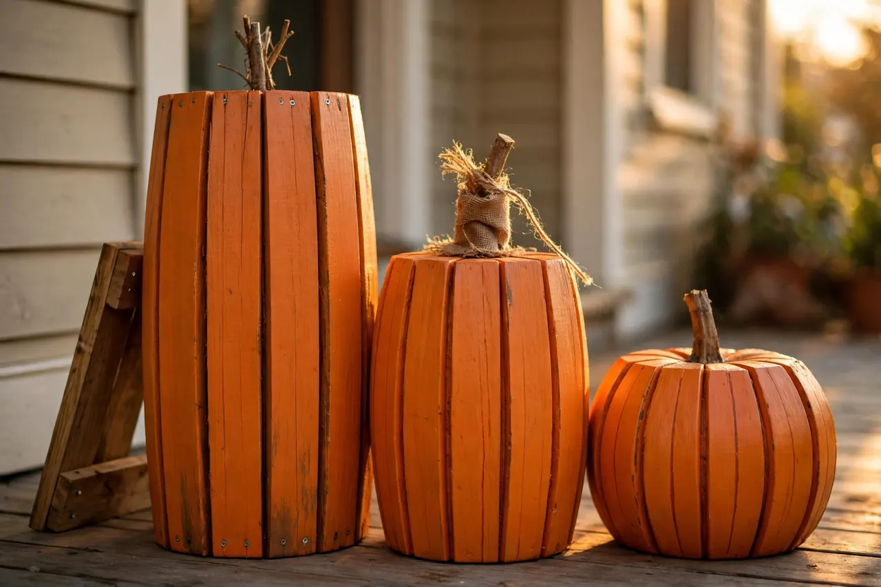 Three wooden pallet pumpkins in graduated heights with rib lines, burlap-wrapped stem and brace board on a front porch