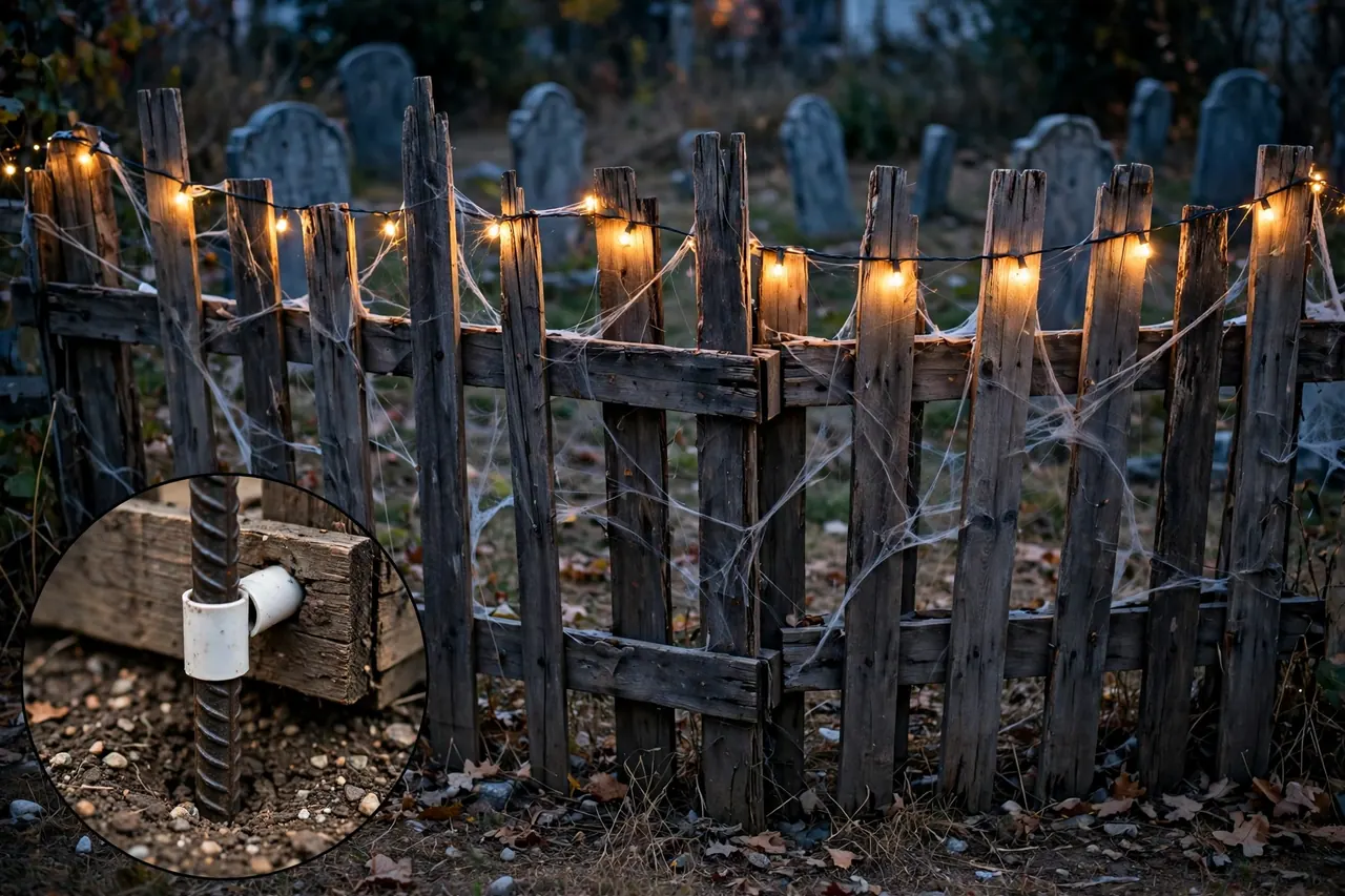 Crooked pallet fence with string lights and cobwebs in front of tombstones, magnified inset of the rebar and PVC sleeve anchoring method