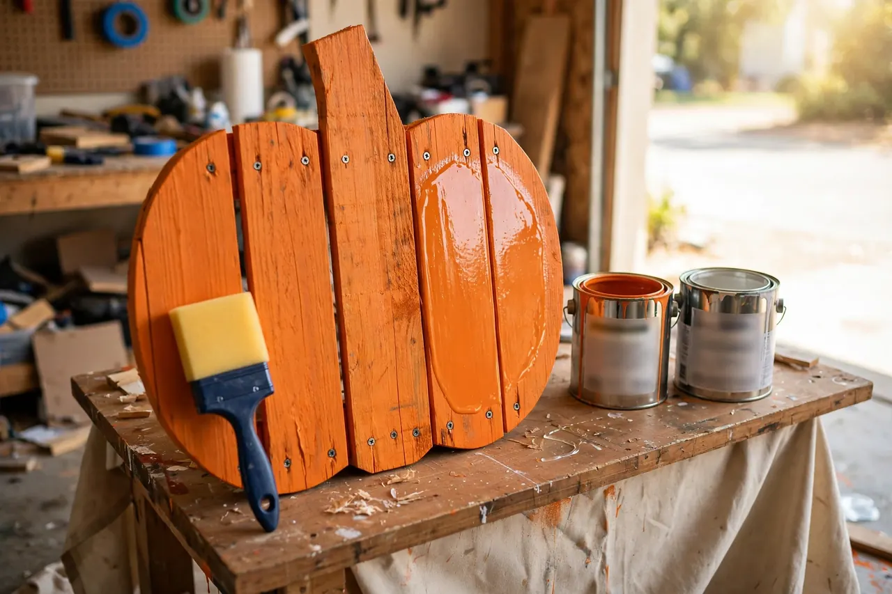 Flat wooden pallet pumpkin on a workbench with a foam brush beside a glossy patch of freshly applied clear sealer