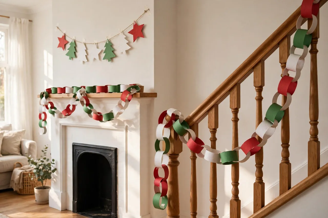 Red, green and white handmade paper chains draped with a gentle sag over a mantel and along a staircase banister, with a paper star and tree shape garland on the wall