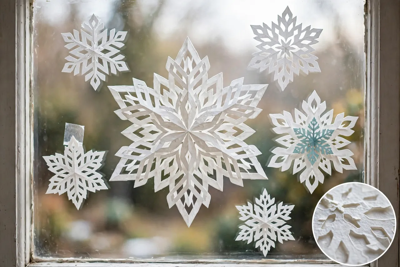 Delicate white paper snowflakes in different sizes on a window, with a large snowflake in the center, a smaller colored snowflake layered on another, and a magnified inset showing fine cut detail