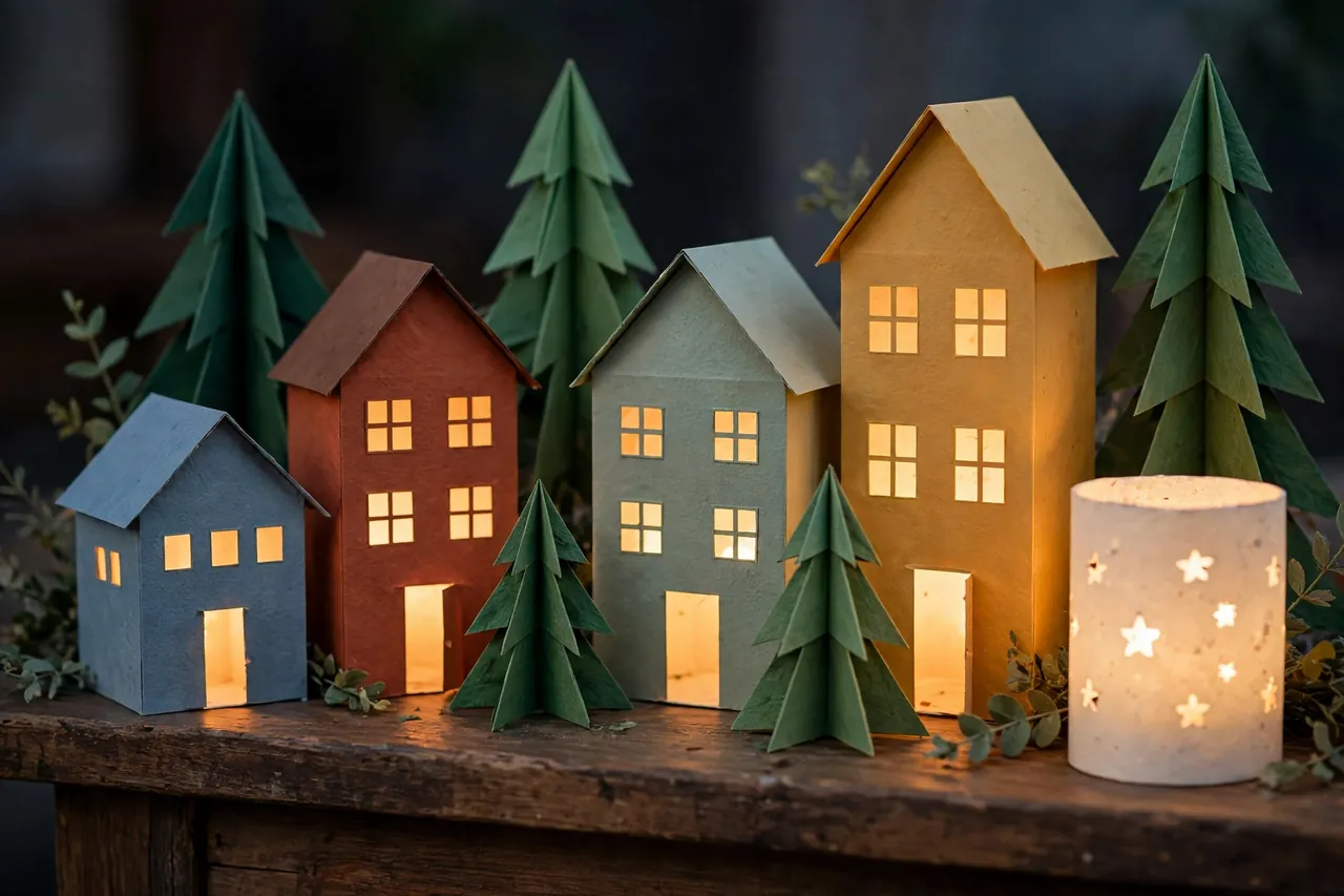 A handmade paper village of cardstock houses in different heights and colors with glowing cut-out windows, green paper trees between them, and a paper luminary with star holes glowing warmly