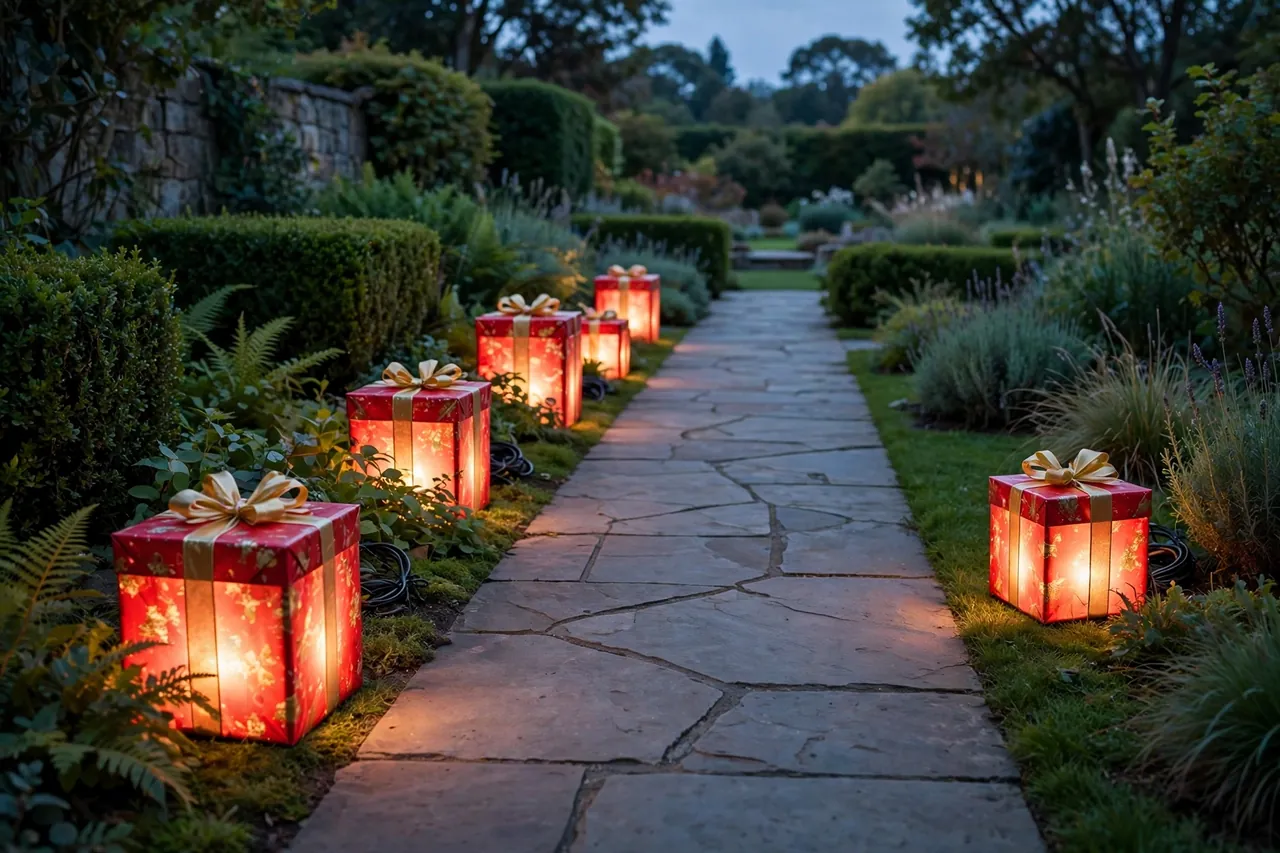 Glowing red and gold gift boxes lining both sides of a clear stone garden walkway at dusk, with cords tucked behind the boxes