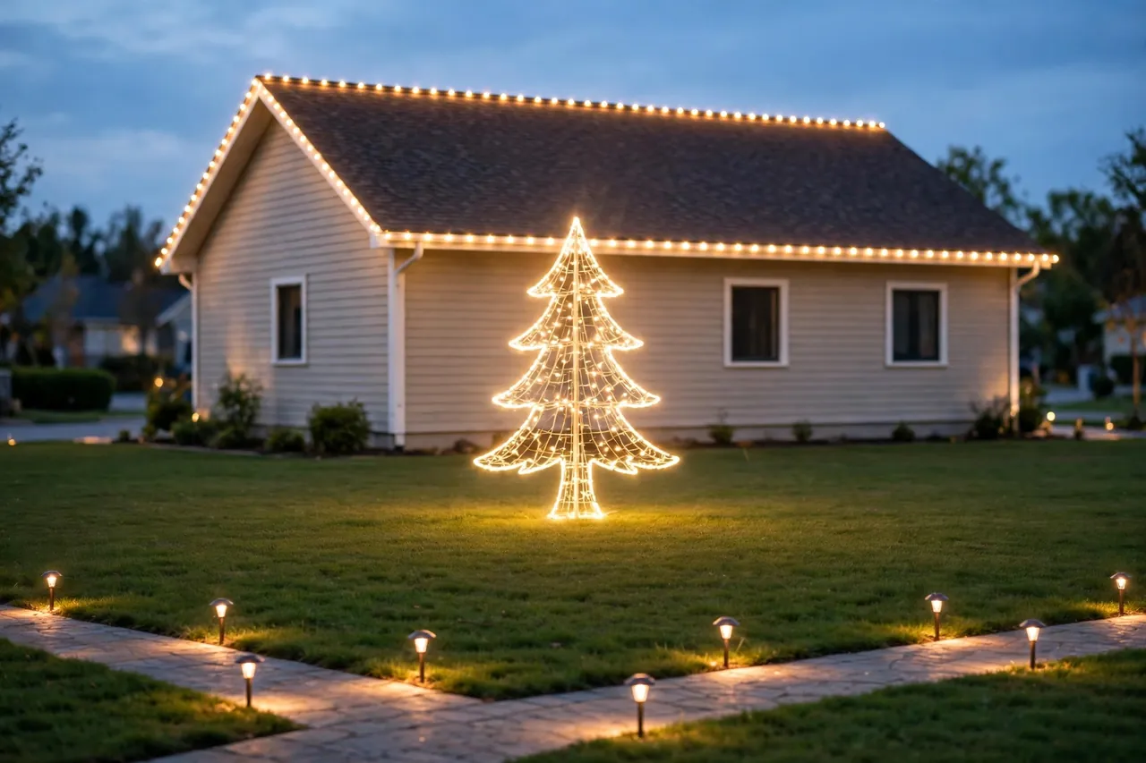 Restrained warm white Christmas display with roofline lights, one glowing lit tree at eye level and low pathway lights, with open lawn between pieces