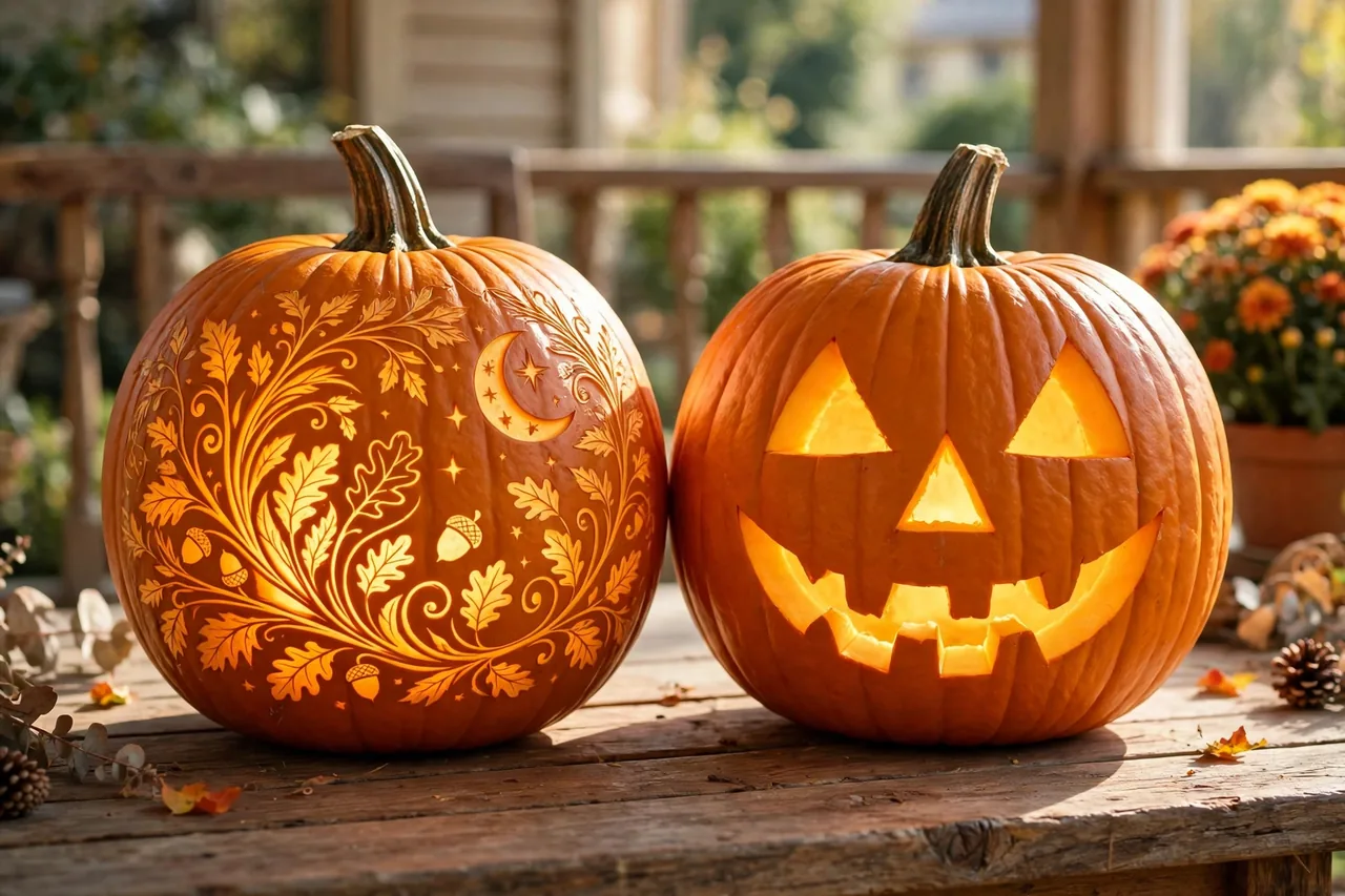 Surface-carved glowing pumpkin beside a classic cut-out jack-o'-lantern showing the difference between surface carving and through-cutting