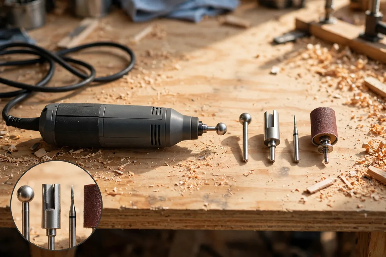 Rotary tool with four carving accessories - ball-nose cutter, barrel cutter, engraving bit and sanding drum - with a magnified inset of the bit tips