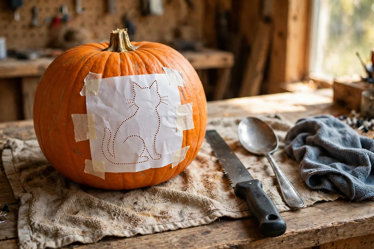 Pumpkin with a taped paper stencil and dotted cat outline, with a serrated saw, spoon and damp cloth ready on the worktable