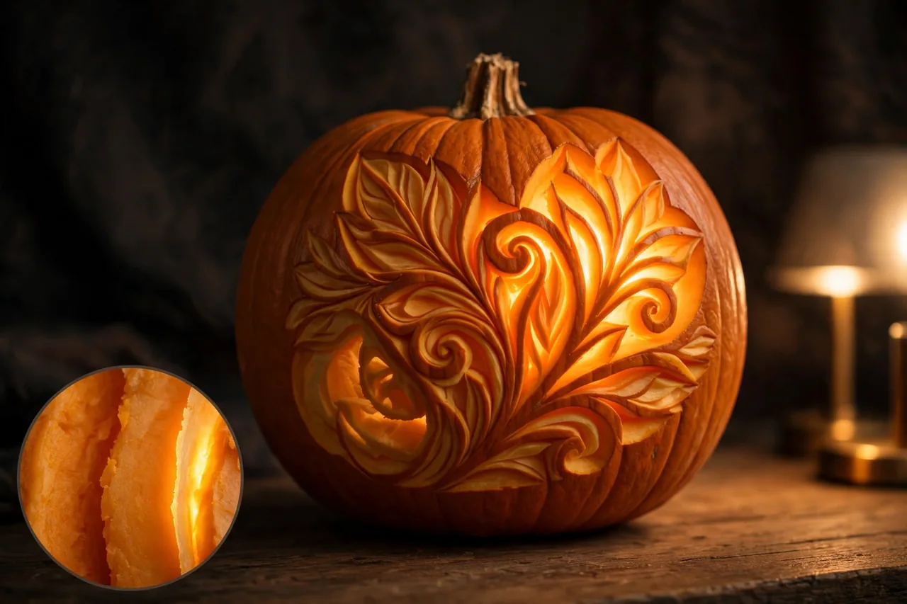 Glowing surface-shaded pumpkin with a magnified inset showing the carved wall's three depth levels