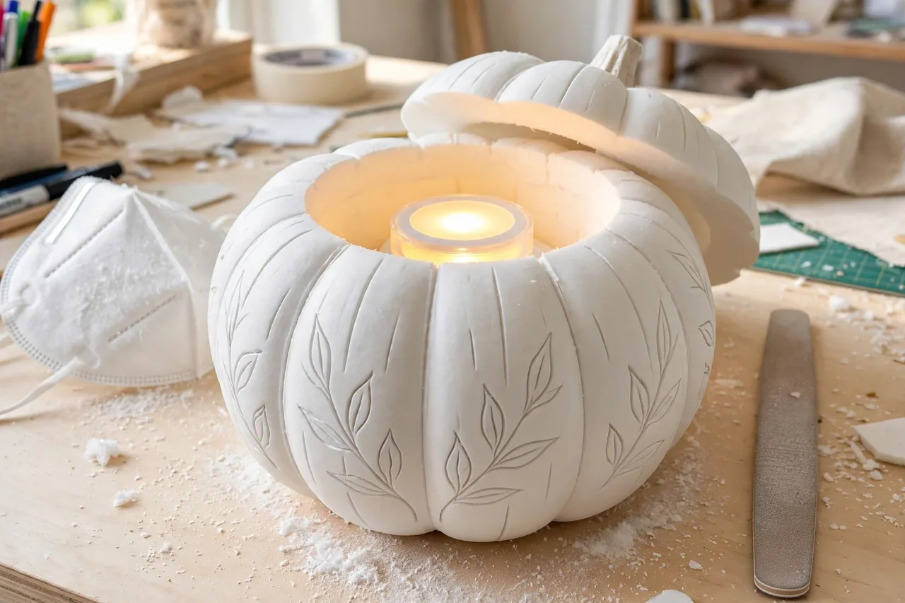 White carvable foam pumpkin with engraved detail, a flameless battery LED puck light inside, dust mask and nail file beside it