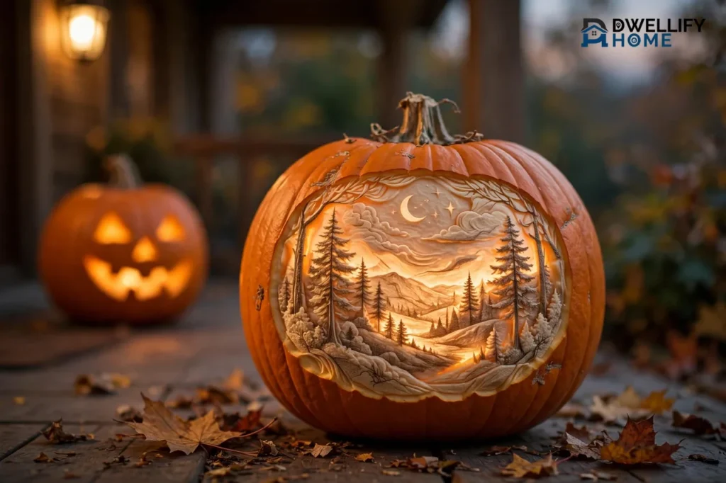 Dremel-carved pumpkin with a glowing surface-shaded forest scene on a porch at dusk