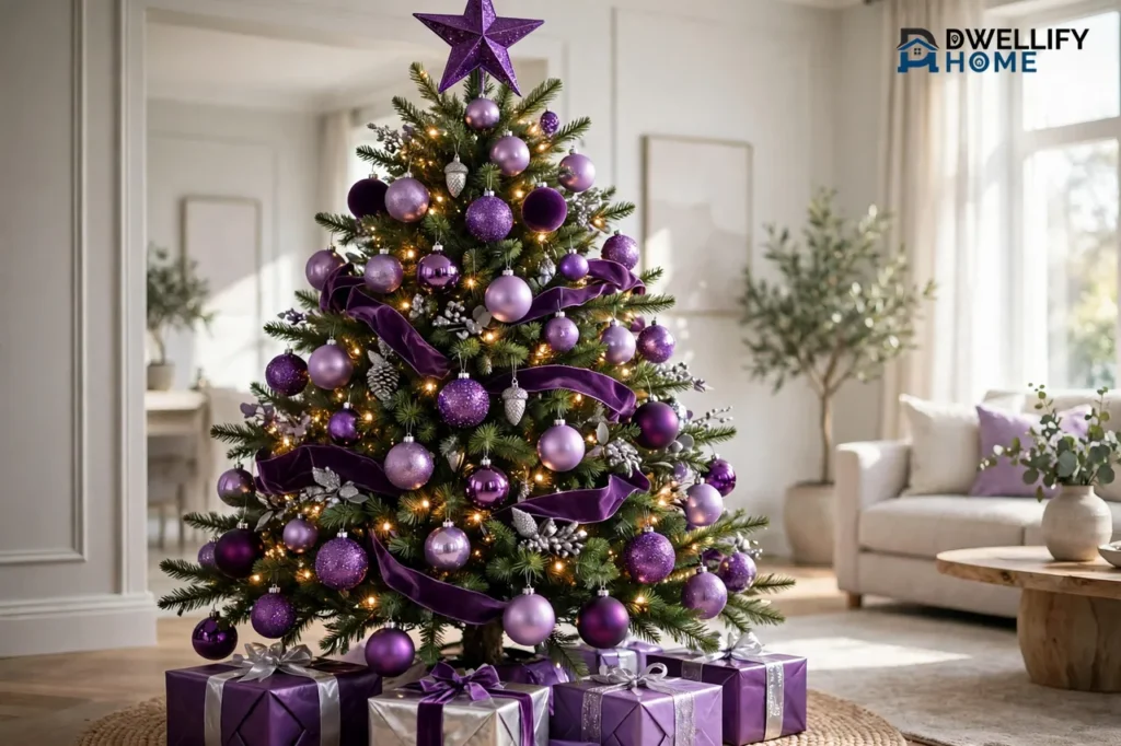 A fully decorated green Christmas tree in a bright living room covered in lilac, violet, amethyst and deep plum ornaments with plum velvet ribbon, warm white lights, a purple star topper and purple and silver gifts at the base