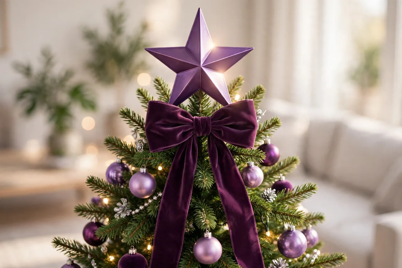 The top of a green Christmas tree with a large purple star topper and a deep plum velvet bow with long streamers, surrounded by lilac, violet and plum ornaments and warm white lights