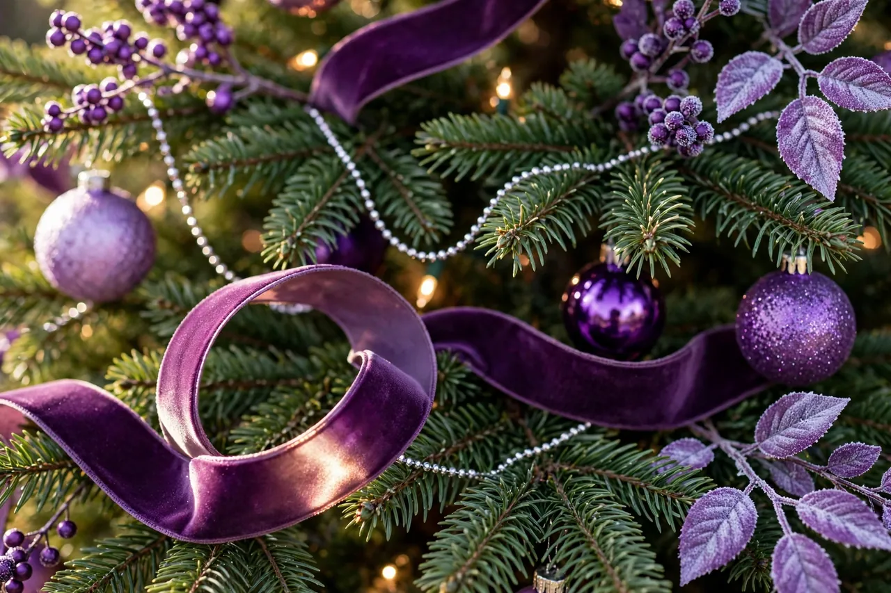 Close-up of green Christmas tree branches with wide plum velvet ribbon tucked in soft loops, a silver beaded garland, purple berry picks and frosted purple leaves among lilac and violet ornaments