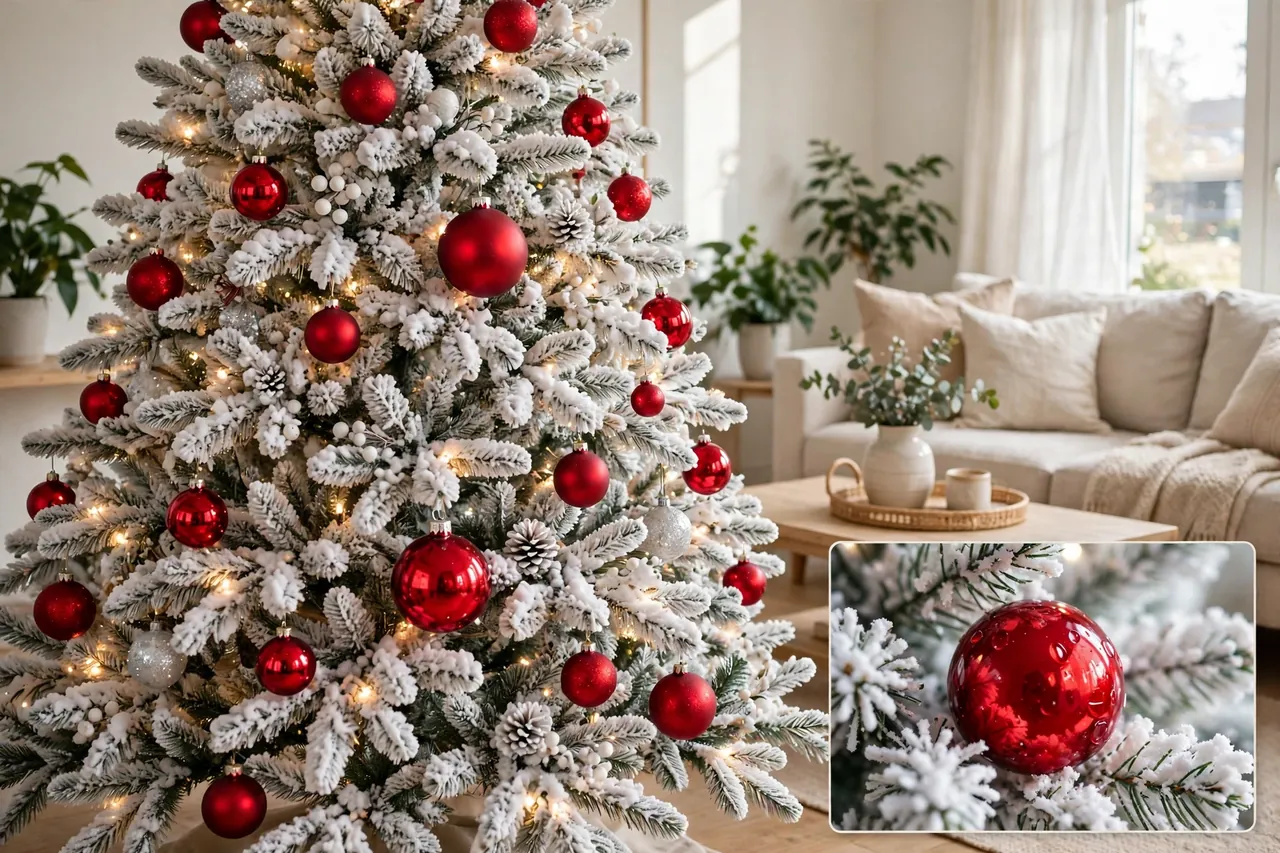 White flocked Christmas tree with red ornaments standing out against snowy branches, warm white lights and a close-up inset of a glossy red bauble