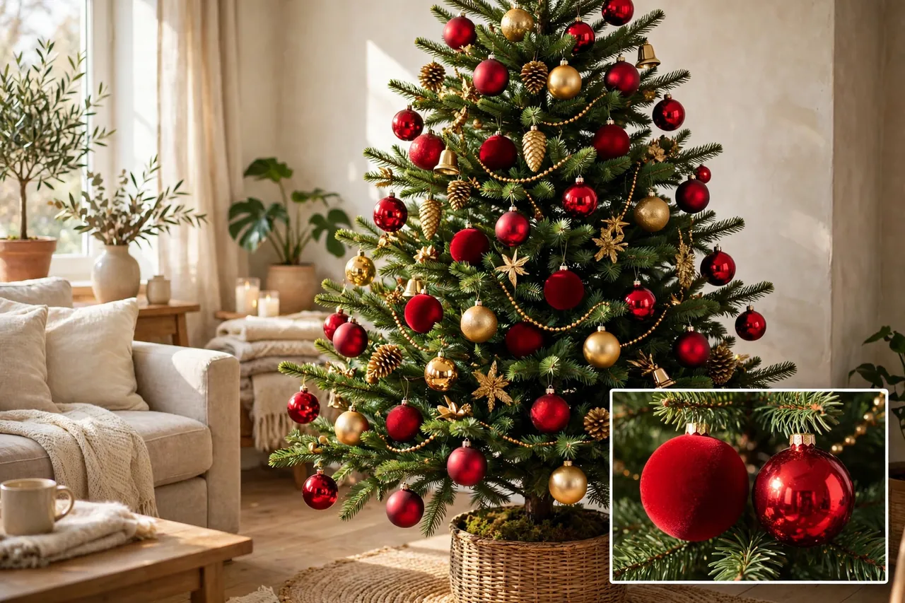 Finished red and gold Christmas tree with matte red balls deep in the branches and glossy red balls catching warm light on the outer tips
