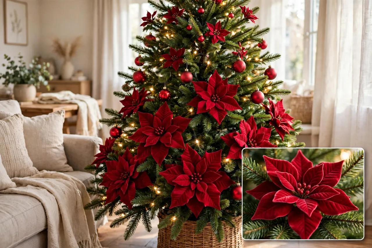 Green Christmas tree with large red faux poinsettia blooms tucked into the branches, large blooms below and smaller blooms near the top